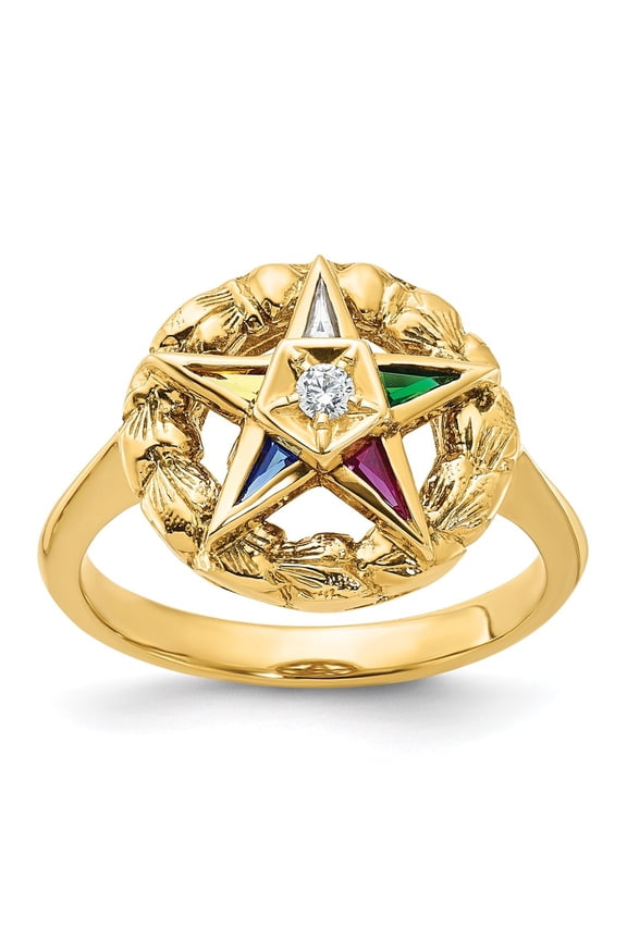 IBGoodman 14k Women's Polished and Textured with Multi-color CZ and Diamond Eastern Star Masonic Ring