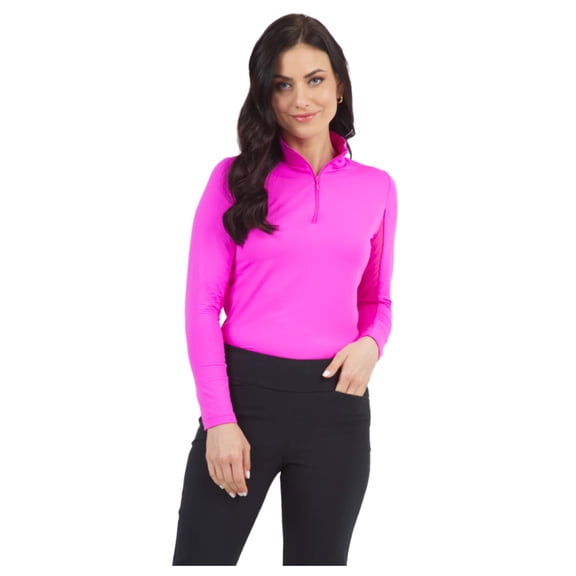 IBKUL Adult Female Solid Mock Neck Long Sleeve Top, Color: Hot Pink, Size: M