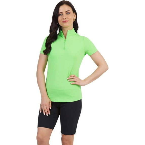 IBKUL Adult Female Mock Neck Zip Short Sleeve Shirt, Color: Lime, Size: XL (87000-LIM-XL)
