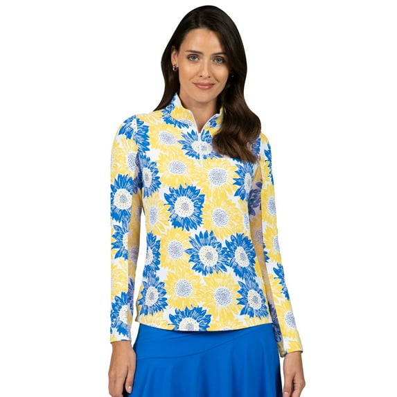 IBKUL Women Long Sleeve Zip Mock Neck -10486 - Ruthie Blue/Yellow - XXL