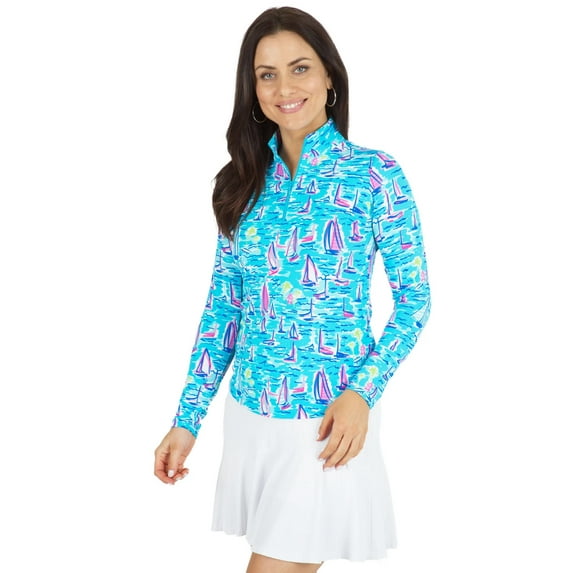 IBKUL Women Long Sleeve Zip Mock Neck -10492 - Darling Sail Turquoise/Hotpink - M