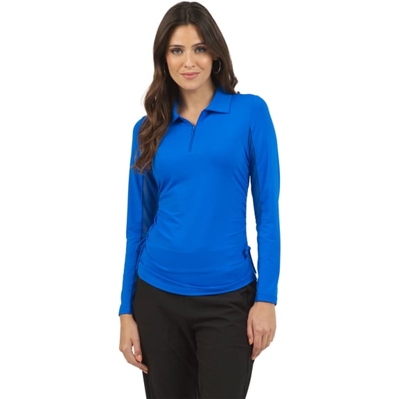 IBKUL Women's Adjustable Zip Long Sleeve Polo, Color: Blue, Size: XL
