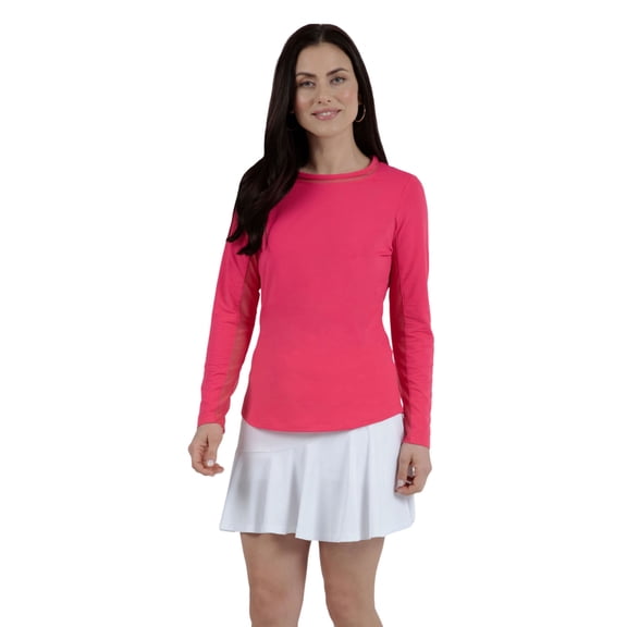 IBKUL Women's Long Sleeve Crew Neck Top with Mesh, Color: Watermelon, Size: L