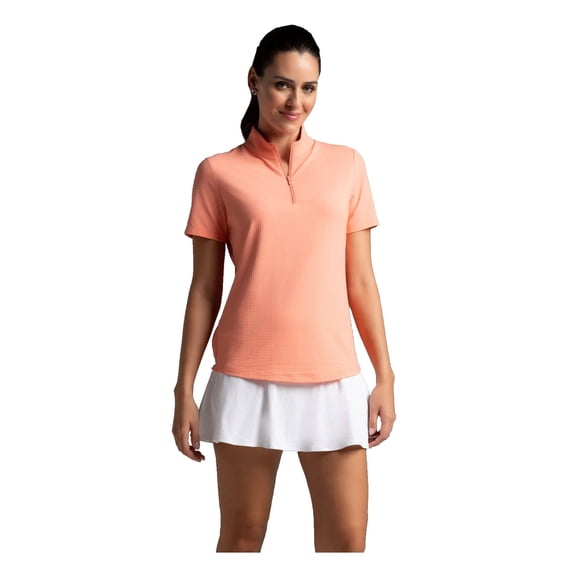 IBKUL Women's Short Sleeve Zip Mock Neck Shirt, Color: Peach, Size: M