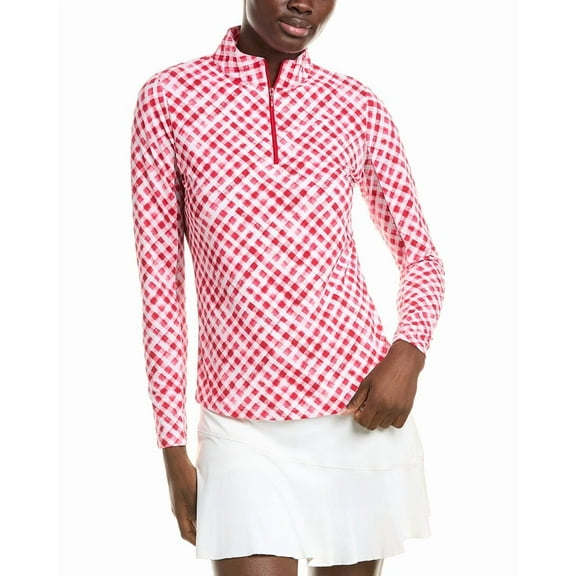 IBKUL Women's Gingham Check Print Long Sleeve Mock Neck Top, Color: Red/White, Size: XL