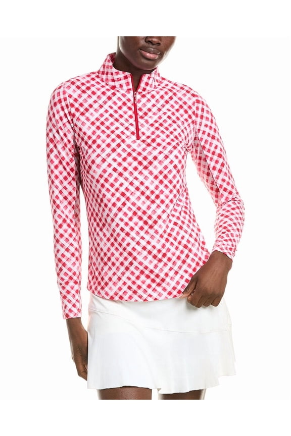Women's Gingham Check Print Long Sleeve Mock Neck Top, Color: Red/White, Size: XL