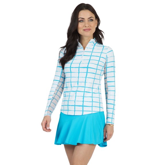 IBKUL Adult Female Long Sleeve 1/4-zip Mock Neck Cordova White/Turq Shirt, Size: M