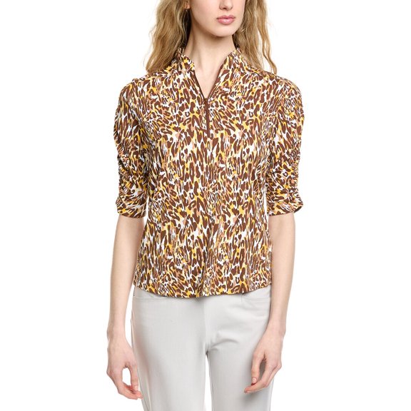 IBKUL womens Ruched Elbow Sleeve Mandarin Collar Top, m, Brown