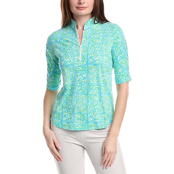 IBKUL womens  Ruched Elbow Sleeve Mandarin Collar Top, m, Green