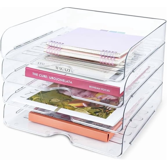 IBEQUEM 1 Set 4 Tier Clear Stackable Document Organizer,A4 Acrylic Desk Letter Tray,Premium File Paper Holder for Home Office Study