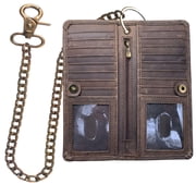 IBRO Long Bifold RFID Blocking Motorcycle Chain Wallet for Men Leather Vintage Chain Crazy Horse Brown
