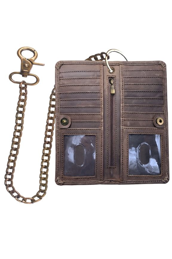 Long Bifold RFID Blocking Motorcycle Chain Wallet for Men Leather Vintage Chain Crazy Horse Brown