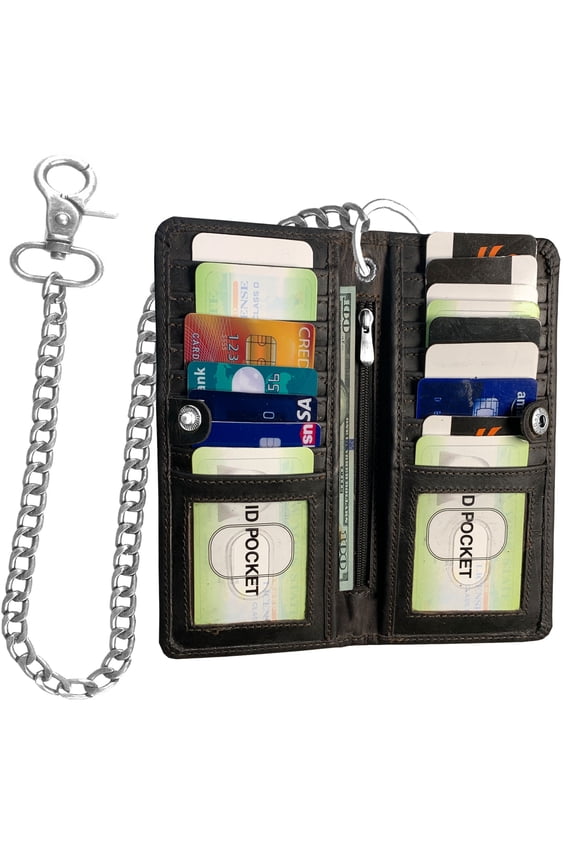 Motorcycle Chain Wallet for Men – 100% Natural Genuine Leather, Long Bifold RFID Blocking, 16 Credit Card Holder Pockets - Men’s Trucker Biker Metal Chain Wallets Crazy Horse Brown