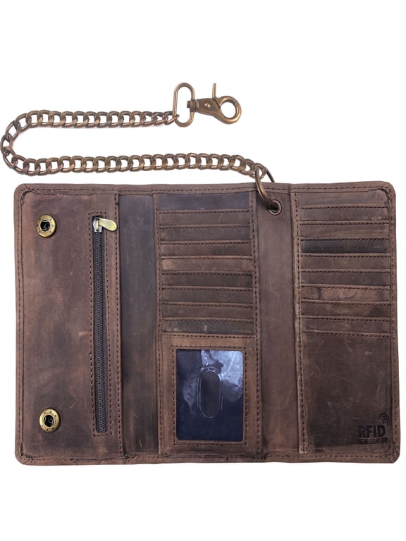 Motorcycle Chain Wallet for Men - 100% Natural Genuine Leather, Long Trifold RFID Blocking, Credit Card Money Organizer - Mens Trucker Biker Metal Chain Wallets Vintage Chain Crazy Horse Brown