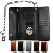 Motorcycle Chain Wallet for Men, 100% Natural Genuine Leather, Long Trifold RFID Blocking, Credit Card Money Organizer - Mens Trucker Biker Metal Chain Wallets 