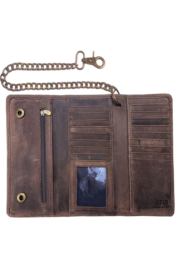 Motorcycle Chain Wallet for Men - 100% Natural Genuine Leather, Long Trifold RFID Blocking, Credit Card Money Organizer - Mens Trucker Biker Metal Chain Wallets Vintage Chain Crazy Horse Brown