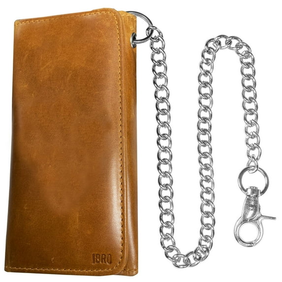 IBRO Motorcycle Chain Wallet for Men, 100% Natural Genuine Leather, Long Trifold RFID Blocking, Credit Card Money Organizer - Mens Trucker Biker Metal Chain Wallets Forest Brown
