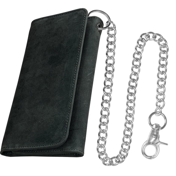 IBRO Motorcycle Chain Wallet for Men, 100% Natural Genuine Leather, Long Trifold RFID Blocking, Credit Card Money Organizer - Mens Trucker Biker Metal Chain Wallets Crazy Horse Grey