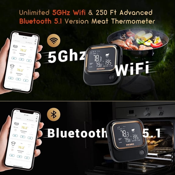 5GHz WiFi & Bluetooth 5.1 Meat Thermometer, WiFi Grill Meat Thermometer for Grilling Smoker BBQ Cooking with 4 Probes, IBT-26S Wireless APP Control, Alarm Timer, Backlit LCD, Rechargeable