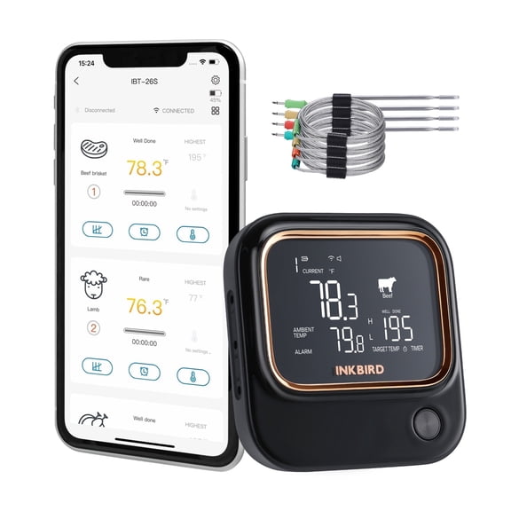 IBT-26S Bluetooth 5.1 and 2.4GHz Wi-Fi BBQ Thermometer, with 4 Food-Grade Probes, APP Control, USDA Meat Presets, Temperature Alarm and Timer, Backlit LCD with Adjustable Brightness