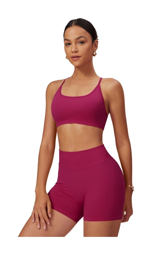 2 Piece Seamless Workout Sets for Women Scoop Neck Strappy Sports Bra Scrunch Butt Lifting Gym Impact Shorts Berry Red