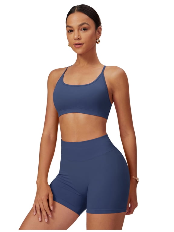 2 Piece Seamless Workout Sets for Women Scoop Neck Strappy Sports Bra Scrunch Butt Lifting Gym Impact Shorts Dark Blue