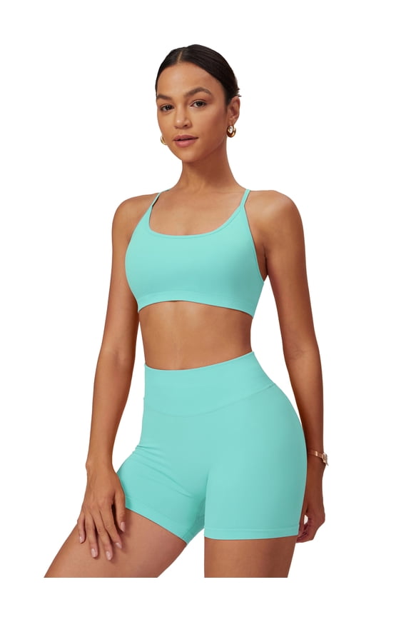 2 Piece Seamless Workout Sets for Women Scoop Neck Strappy Sports Bra Scrunch Butt Lifting Gym Impact Shorts Mint Green