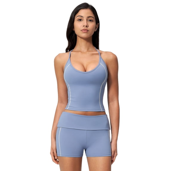 IBTOM CASTLE 2 Piece Workout Sets for Women Shorts Yoga Pilates Outfits Striped Backless Halter Padded Tank Top With High Waist Fold-over Biker Shorts Blue