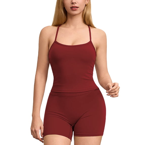 IBTOM CASTLE 2 Pieces Workout Sets for Women, Cross Back Tank Top Matching High Waist Biker Shorts, Gym Yoga Pilates Outfits XS Red
