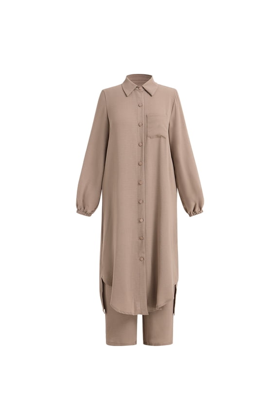 Abaya Dress for Women Muslim Set Long Sleeve Chiffon Islamic Dress Shirt with Pants 2PCS Dubai Prayer Casual Clothes L Khaki