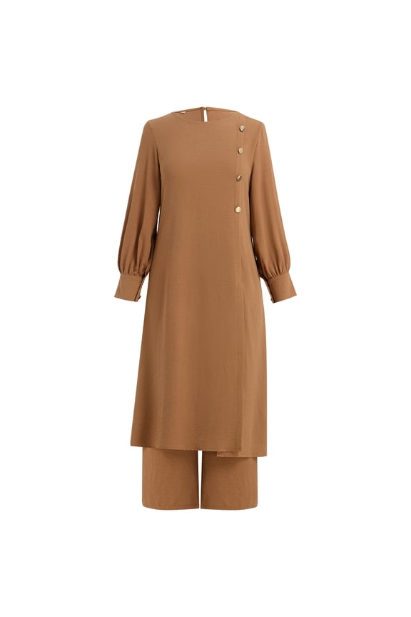 Abaya Dress for Women Muslim Long Sleeve Ramadan Islamic Shirt with Pants 2PCS Dubai Prayer Casual Clothes M Khaki