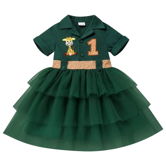 IBTOM CASTLE Baby 1st Birthday Outfit Girls Jungle Animal Giraffe Birthday Dress Tiered Tulle Hat Newborn Cake Smash Photo Shoot Green
