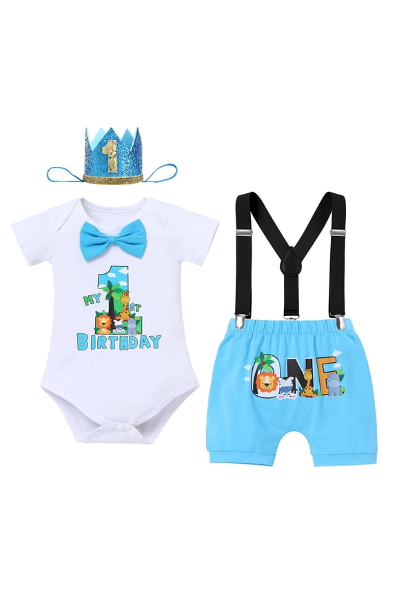 Baby Boy 1st Birthday Outfit Jungle Woodland Animal Romper + Bloomers + Suspenders 3PCS Clothes Set Photography 12-18 Months Blue