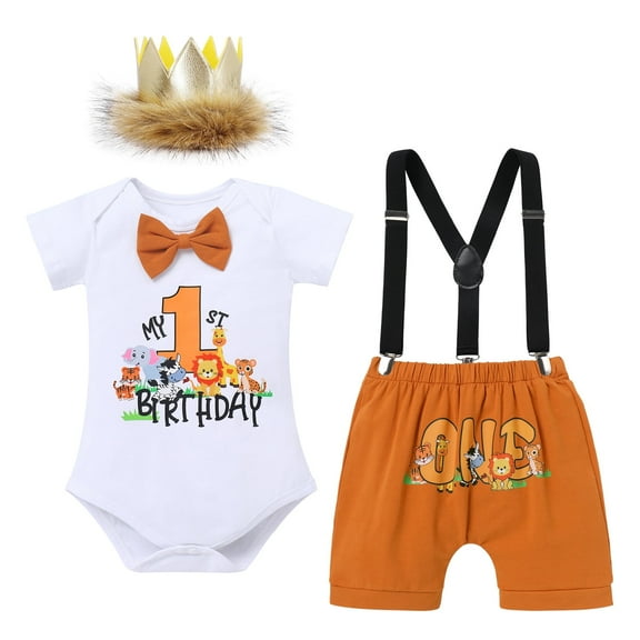 IBTOM CASTLE Baby Boy 1st Birthday Outfit Jungle Woodland Animal Romper   Bloomers   Suspenders 3PCS Clothes Set Photography 12-18 Months Brown