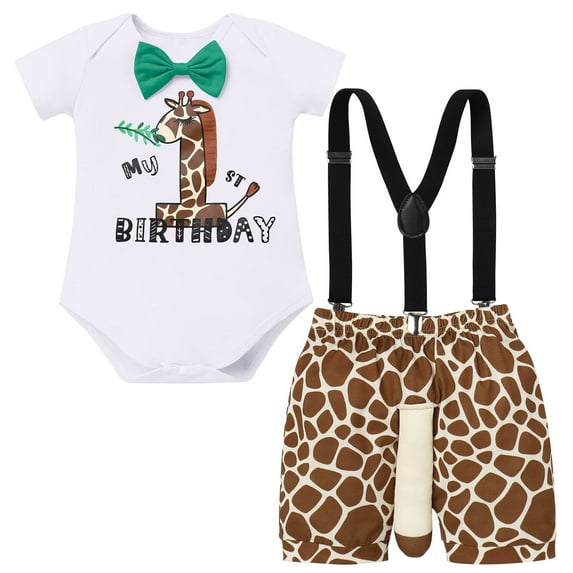 IBTOM CASTLE Baby Boy 1st Birthday Outfit Jungle Woodland Animal Romper + Bloomers + Suspenders 3PCS Clothes Set Photography 12-18 Months Giraffe