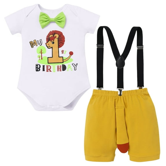 IBTOM CASTLE Baby Boy 1st Birthday Outfit Jungle Woodland Animal Romper + Bloomers + Suspenders 3PCS Clothes Set Photography 12-18 Months Lion