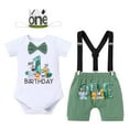thumbnail image 1 of IBTOM CASTLE Baby Boy 1st Birthday Outfit Jungle Woodland Animal Romper + Bloomers + Suspenders 3PCS Clothes Set Photography 12-18 Months Teal Blue, 1 of 8