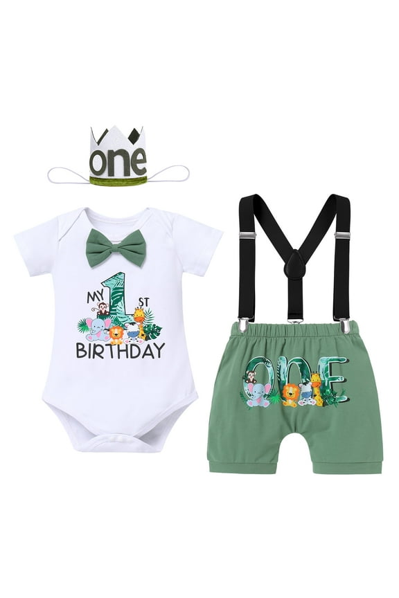 Baby Boy 1st Birthday Outfit Jungle Woodland Animal Romper + Bloomers + Suspenders 3PCS Clothes Set Photography 12-18 Months Teal Blue