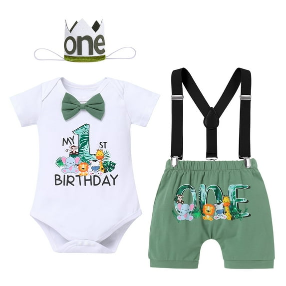 IBTOM CASTLE Baby Boy 1st Birthday Outfit Jungle Woodland Animal Romper + Bloomers + Suspenders 3PCS Clothes Set Photography 12-18 Months Teal Blue