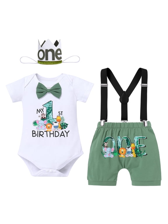 Baby Boy 1st Birthday Outfit Jungle Woodland Animal Romper + Bloomers + Suspenders 3PCS Clothes Set Photography 12-18 Months Teal Blue