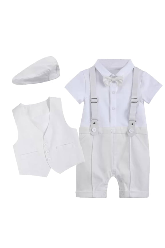 Baby Boy Gentleman Outfit Formal Tuxedo Suit Bowtie Romper Overalls with Vest Hat Birthday Wedding Party Clothes 18-24 Months White - Short Sleeve