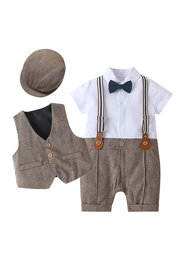 Baby Boy Gentleman Outfit Formal Tuxedo Suit Bowtie Romper Overalls with Vest Hat Birthday Wedding Party Clothes 3-6 Months Brown - Short Sleeve