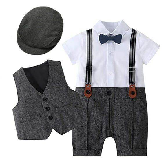 IBTOM CASTLE Baby Boy Gentleman Outfit Formal Tuxedo Suit Bowtie Romper Overalls with Vest Hat Birthday Wedding Party Clothes 6-9 Months Black - Short Sleeve