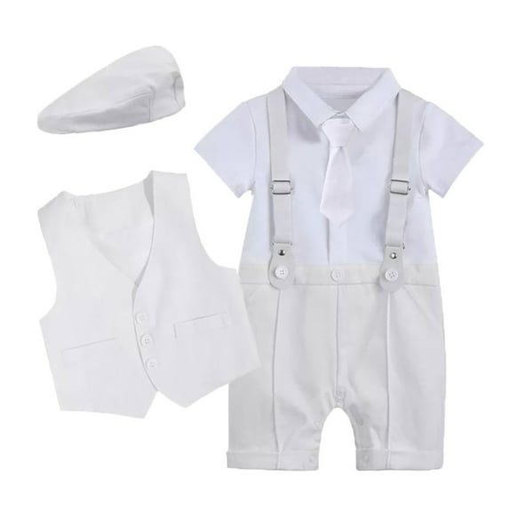 IBTOM CASTLE Baby Boy Gentleman Outfit Formal Tuxedo Suit Bowtie Romper Overalls with Vest Hat Birthday Wedding Party Clothes 6-9 Months White - Short Sleeve Necktie