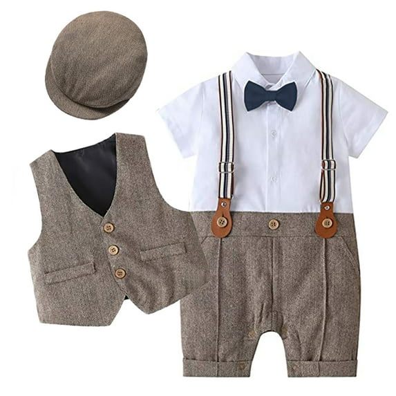 IBTOM CASTLE Baby Boy Gentleman Outfit Formal Tuxedo Suit Bowtie Romper Overalls with Vest Hat Birthday Wedding Party Clothes 9-12 Months Brown - Short Sleeve