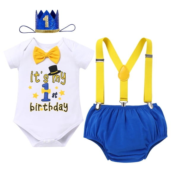 IBTOM CASTLE Baby Boy Half 1/2 Birthday Cake Smash Outfit Short Sleeve Bow Tie Romper Diaper Cover Pants Suspenders Headband Leisure Clothes Set, 4-Piece