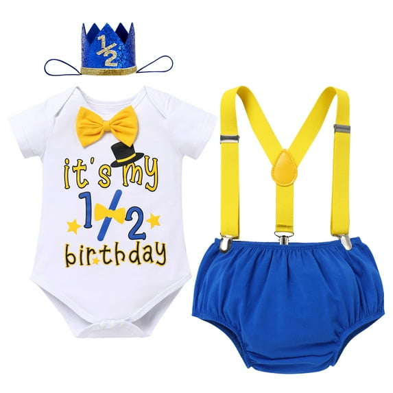 IBTOM CASTLE Baby Boy Half 1/2 Birthday Cake Smash Outfit Short Sleeve Bow Tie Romper + Diaper Cover Pants + Suspenders + Headband Leisure Clothes Set, 4-Piece