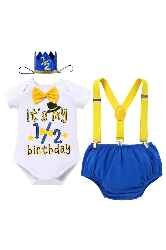 Baby Boy Half 1/2 Birthday Cake Smash Outfit Short Sleeve Bow Tie Romper + Diaper Cover Pants + Suspenders + Headband Leisure Clothes Set, 4-Piece