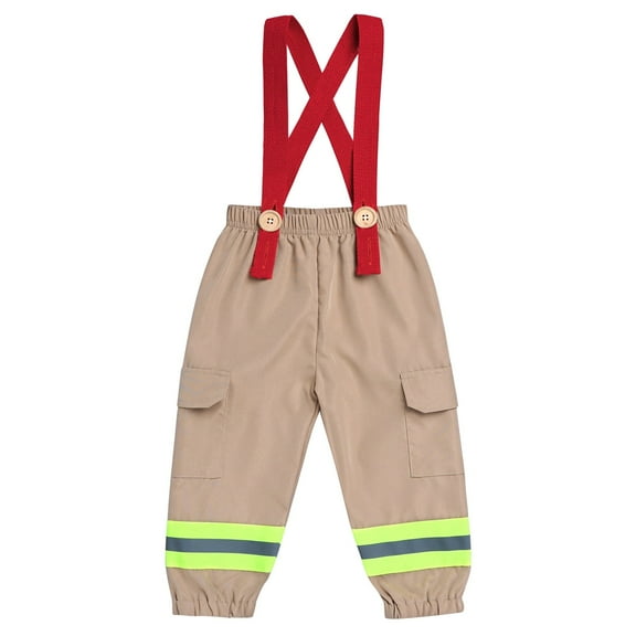 IBTOM CASTLE Baby Boys Astronaut Firefighter Pirate Costume 1st Birthday Outfit Pants with Suspenders for Cake Smash Halloween Cosplay 12-18 Months Khaki Firefighter