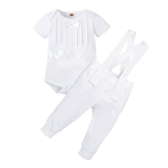 IBTOM CASTLE Baby Boys Baptism Christening Outfit Bowtie Romper Suspender Pants Birthday Wedding Party Tuxedo Formal Suit Ring Bearer Clothes Set 6-12 Months White